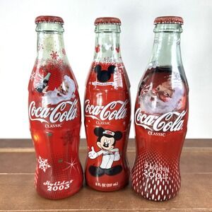 Vintage Coca-Cola‎ Glass Bottle Lot: Mickey 75th 2003 Santa 2004 Holiday